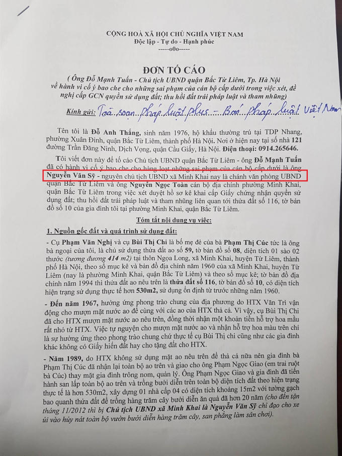 Đơn tố cáo ông Đỗ Anh Thắng gửi tới Pháp luật Plus.