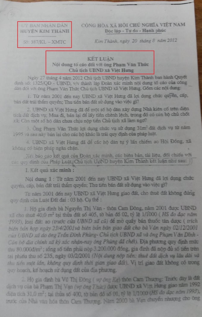 Kết luận xử lý kỷ luật đối với lãnh đạo xã Việt Hưng năm 2012.