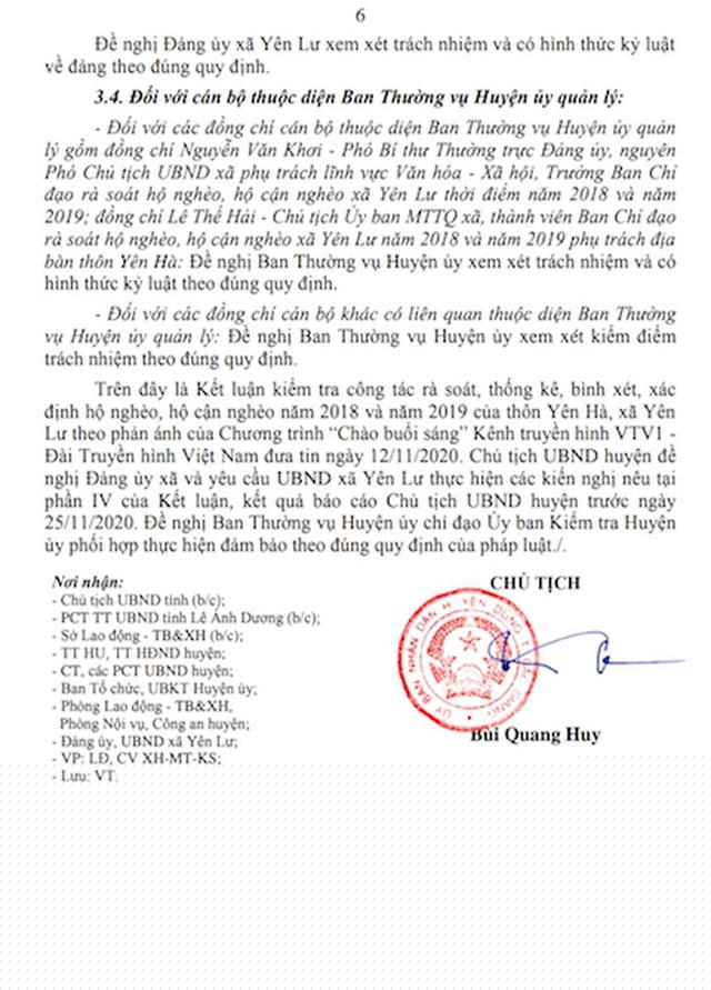 Kết luận của UBND huyện Yên Dũng chỉ rõ trách nhiệm các tập thể và các cá nhân liên quan.