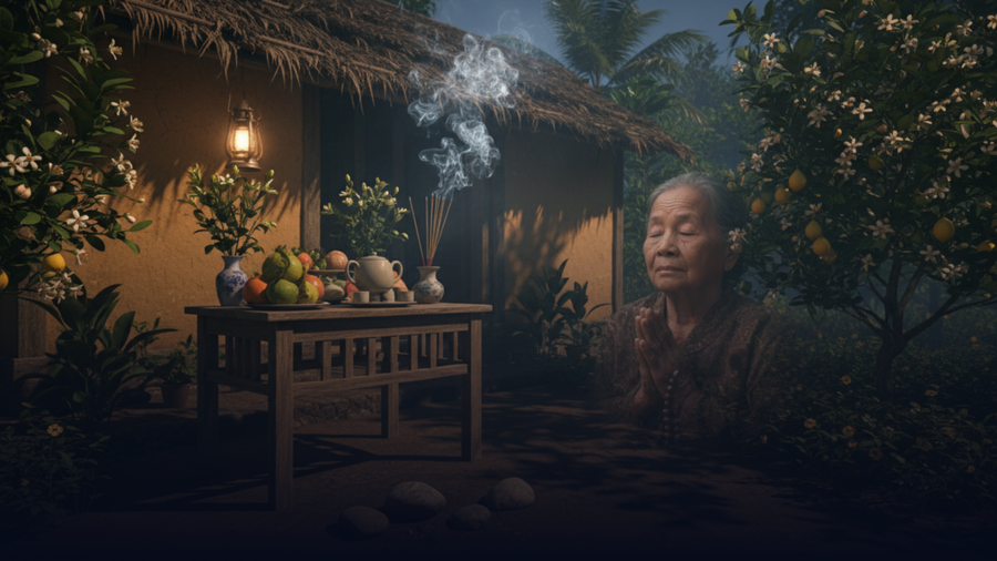 Người chủ gia đình lầm rầm khấn vái, mời ông bà tổ tiên về ăn Tết, cầu mong một năm mới mưa thuận gió hòa, gia đạo bình an. (Ảnh: Phạm Duy)