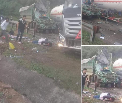 Vụ tại nạn nghiêm trọng giữa xe tải và xe đầu kéo, kéo theo bồn chứa xăng dầu.