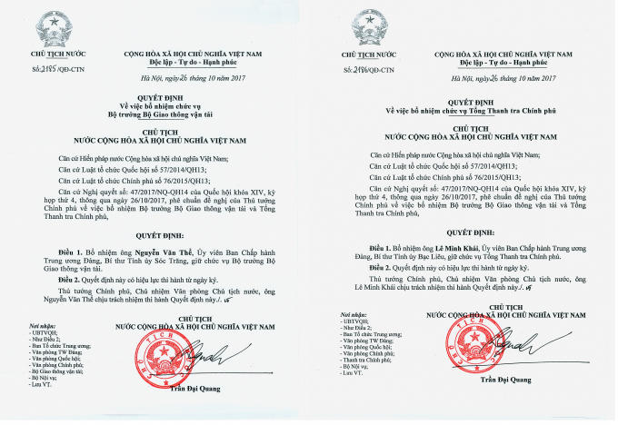 Chủ tịch nước Trần Đại Quang ký Quyết định miễn nhiệm; bổ nhiệm 2 thành viên Chính phủ