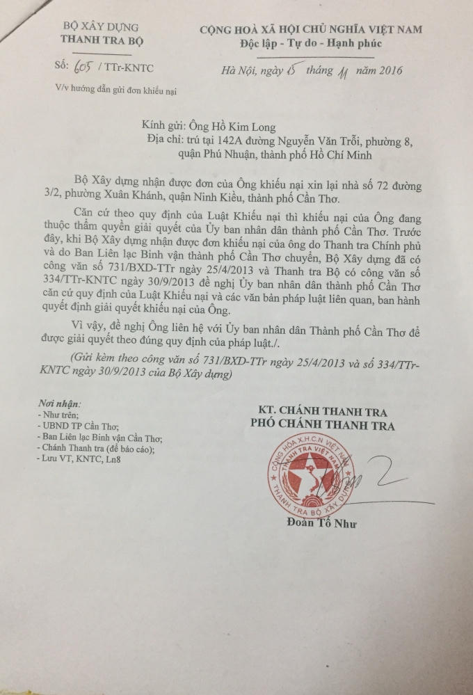 Văn bản phúc đáp của Bộ xây dựng gửi ông Long.