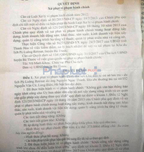 Quyết định xử phạt trên 26,6 triệu đồng của UBND huyện Bá Thước đối với Pù Luông Retreat.