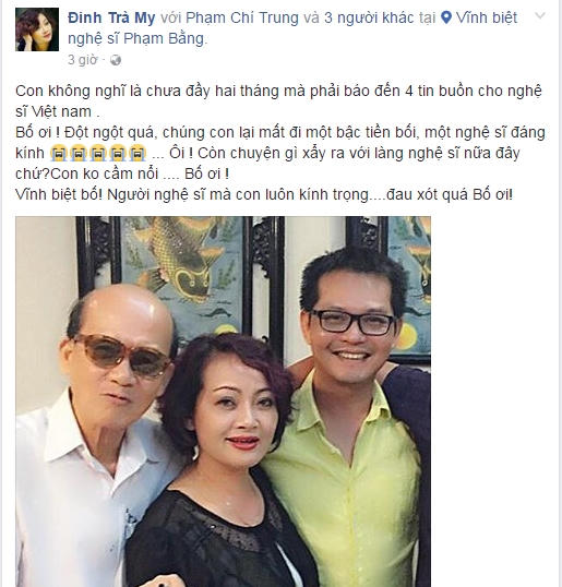 Nghệ sĩ Đinh Trà My đau xót gọi hai tiếng "Bố ơi" khi chia sẻ về nỗi mất mát lớn khi NSƯT Phạm Bằng ra đi.
