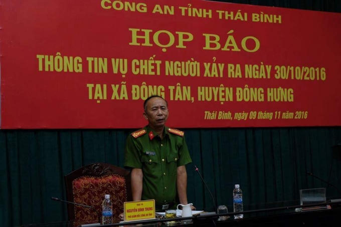 Đại tá Nguyễn Đình Trung - Phó GĐ CA tỉnh Thái Bình phát biểu trong buổi họp báo sáng ngày 9/11/2016.