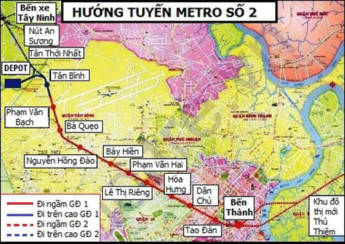 Sơ đồ đường đi của tuyến metro số 2. Ảnh: BQL Đường sắt đô thị TP HCM.