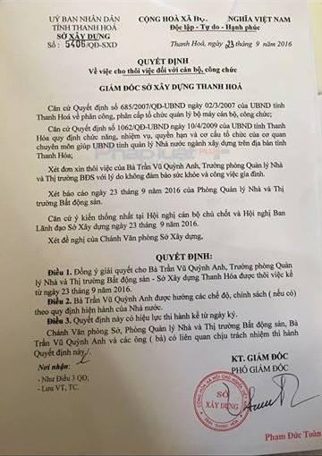 Quyết định thôi việc đối với Trần Vũ Quỳnh Anh được Sở Xây dựng dấu kín nhiều tháng trời một cách bất minh