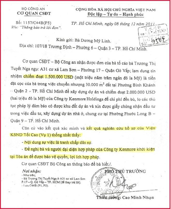 Trả lời của CQĐT Bộ công an rằng "nội dung vụ việc là tranh chấp dân sự".