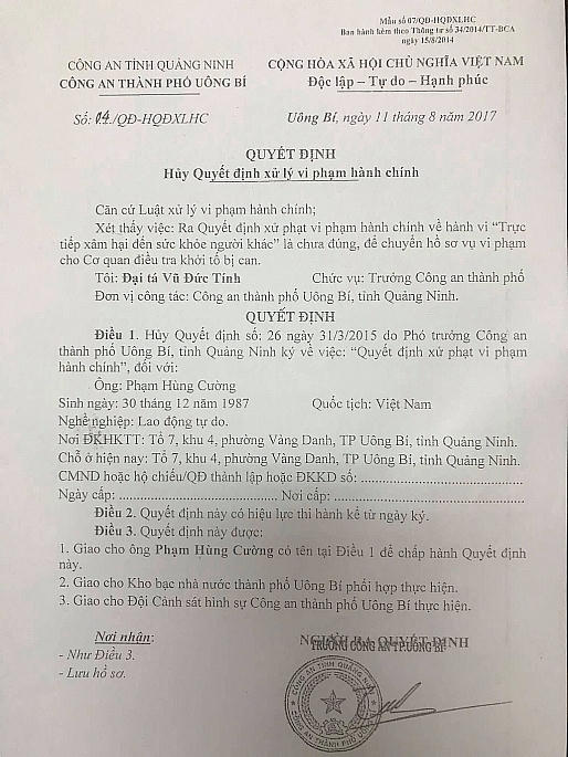 Hủy quyết định xử lý vi phạm hành chính.