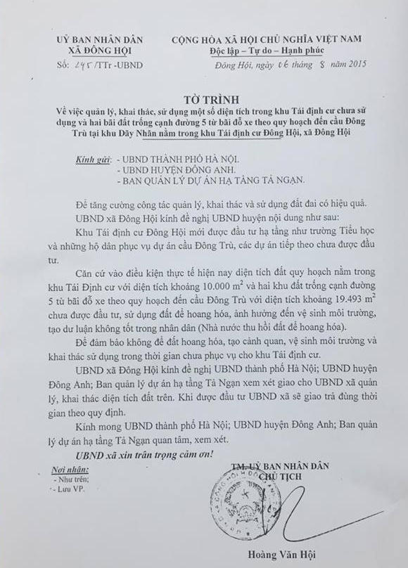 Tờ trình được khai thác, sử dụng một số diện tích trong Khu Tái định cư Đông Hội của UBND xã Đông Hội.