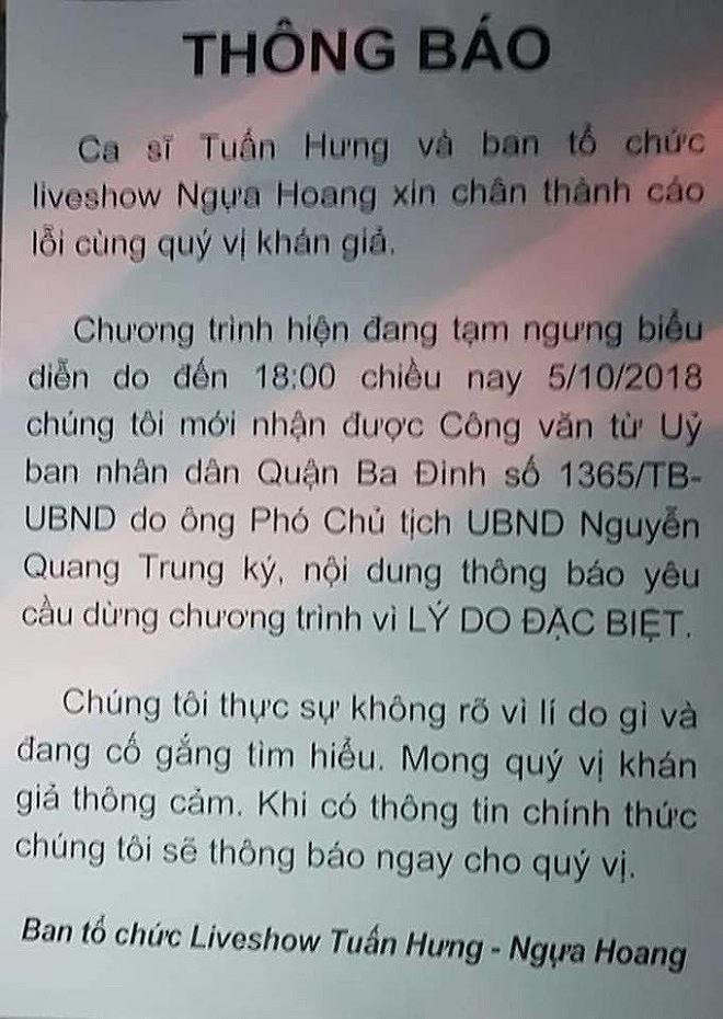 Công bố nguyên nhân ngừng liveshow của Tuấn Hưng trước giờ diễn.
