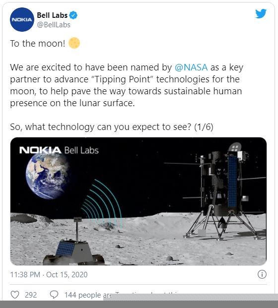Nokia vừa giành được hợp đồng hợp tác với NASA trị giá 14,1 triệu USD trên mặt trăng.