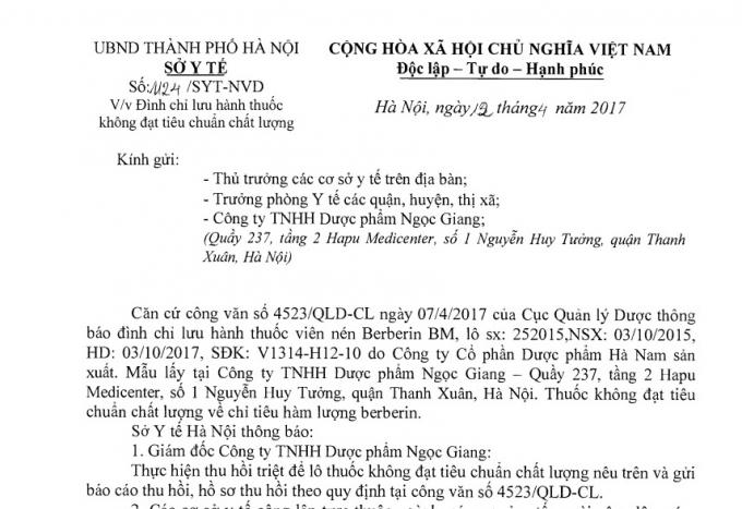 Công văn gửi Thủ trưởng các đơn vị y tế trên địa bàn, trưởng phòng y tế các quận, huyện thị xã của Sở Y tế Hà Nội.
