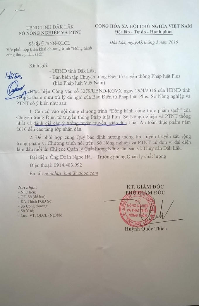 Công văn phúc đáp của UBND tỉnh Đắk Lắk.