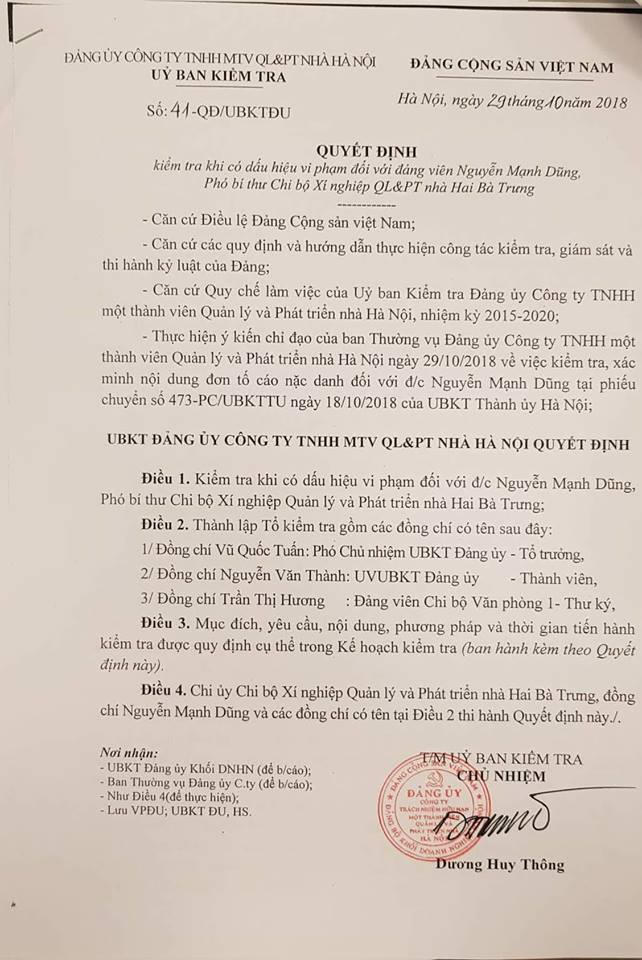 Quyết định Kiểm tra số 41 của Đảng uỷ Công ty TNHH MTV QL & PT nhà Hà Nội đang kiểm tra dấu hiệu vi phạm đối với Đảng viên Nguyễn Mạnh Dũng.