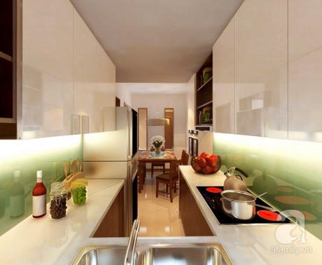 Khu bếp thiết kế h&igrave;nh chữ U, &ocirc;m trọn kh&ocirc;ng gian để gi&uacute;p chị c&oacute; được đầy đủ c&ocirc;ng năng cần thiết của một khu bếp gia đ&igrave;nh.