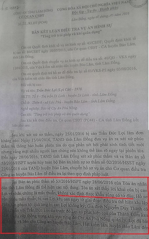 Bản kết luận điều vụ án của Công an tỉnh Lâm Đồng.