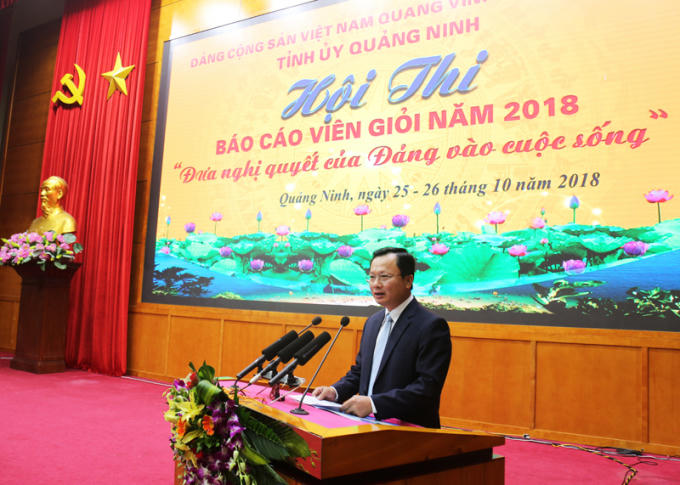 Đồng chí Cao Tường Huy, Ủy viên BTV Tỉnh ủy, Trưởng Ban Tuyên giáo Tỉnh ủy, Trưởng BTC hội thi phát biểu khai mạc hội thi