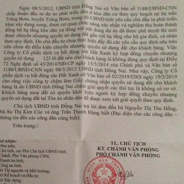 Theo UBND tỉnh Đồng Nai, việc công ty Đất Xanh ký hợp đồng chuyển nhượng quyền sử dụng 123 lô đất nền cho khách hàng là không đúng.