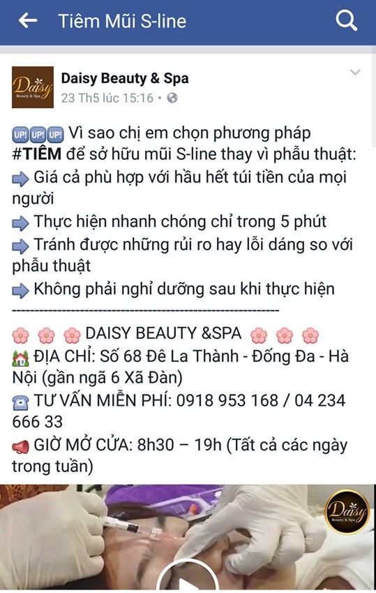Daisy Beauty&amp;Spa không được cấp phép tiêm filler, botox.