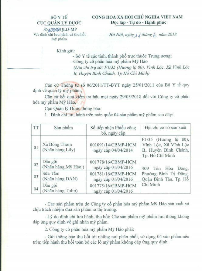 Văn bản Cục Quản lý dược yêu cầu đình chỉ và thu hồi 4 sản phẩm mỹ phẩm do Công ty Mỹ Hảo sản xuất.