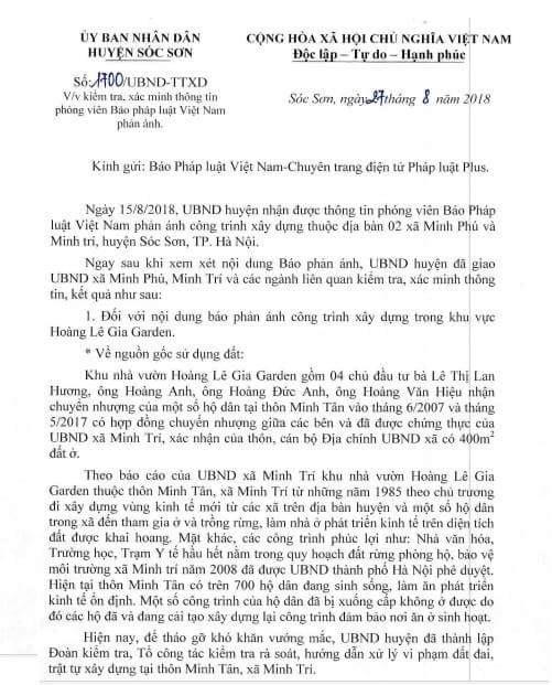 Văn bản UBND huyện Sóc Sơn phản hồi tới Pháp luật Plus.