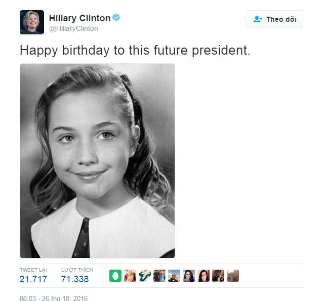 Lời tự chúc đăng trên tài khoản Twitter của bà Clinton.