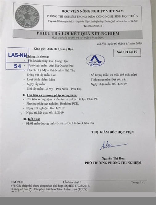 Ngày 9/11, Học viện Nông nghiệp Việt Nam trả kết quả xét nghiệm với kết luận dương tính với dịch tả heo Châu Phi.