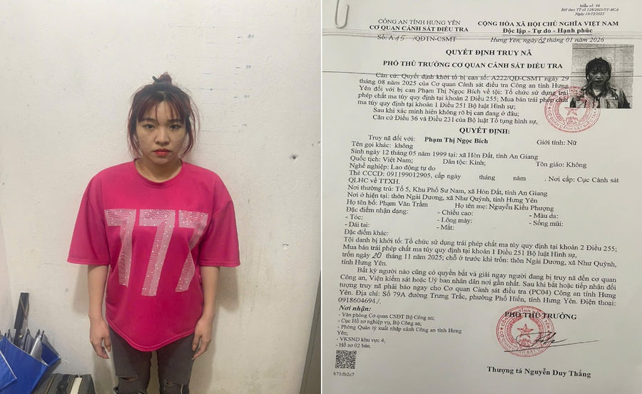 Chân dung đối tượng Phạm Thị Ngọc Bích và Quyết định truy nã đối tượng. Ảnh: CA Hưng Yên.
