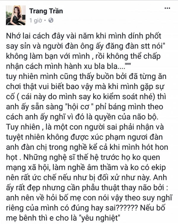 Cựu người mẫu, diễn viên Trang Trần cũng lên tiếng chỉ trích nữ ca sĩ chuyển giới. Ảnh: Saostar