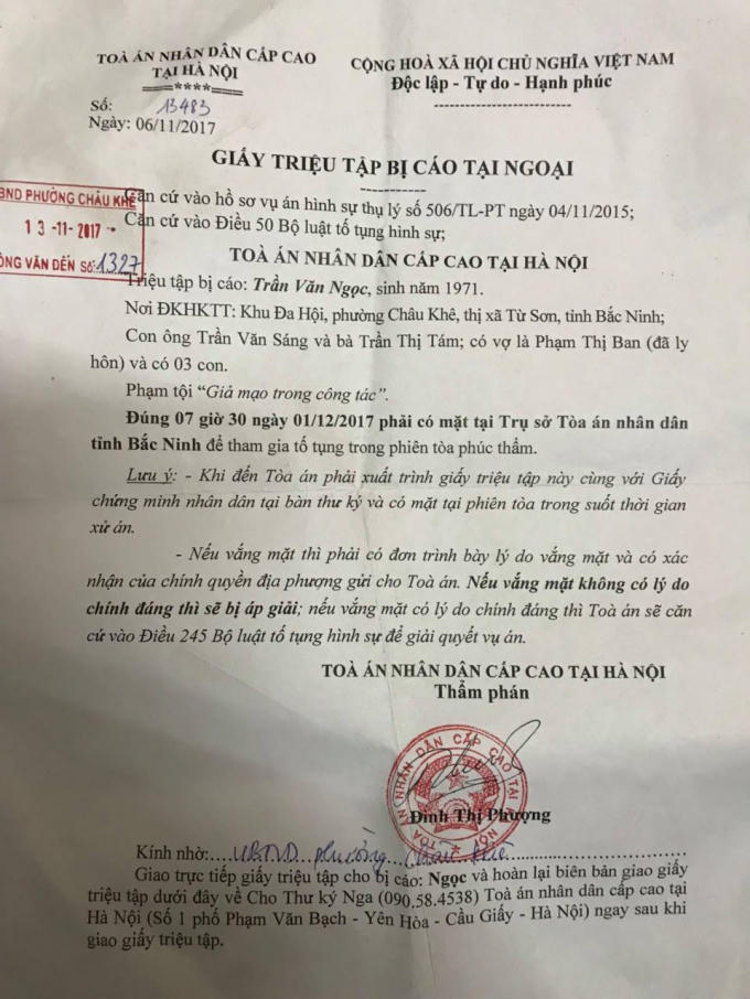 Giấy triệu tập xét xử phúc thẩm lần hai.