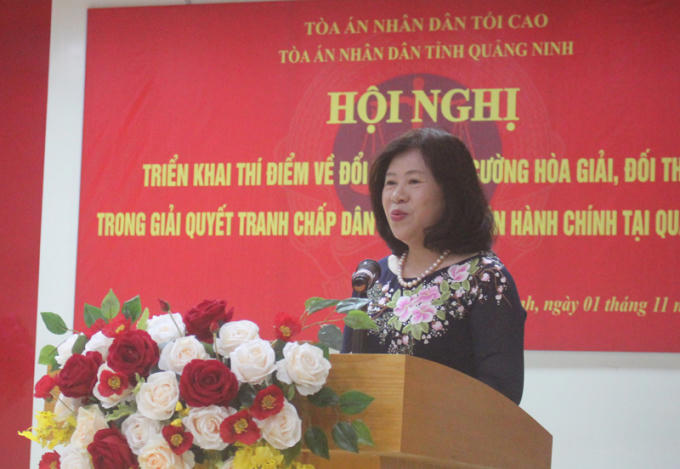 Đồng chí Nguyễn Thúy Hiền, Phó Chánh án Tòa án nhân dân tối cao phát biểu tại hội nghị.