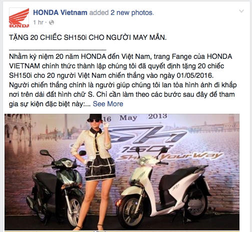 Fanpage "giả mạo" HONDA VietNam tặng xe máy SH nhân kỷ niệm 20 năm thành lập.