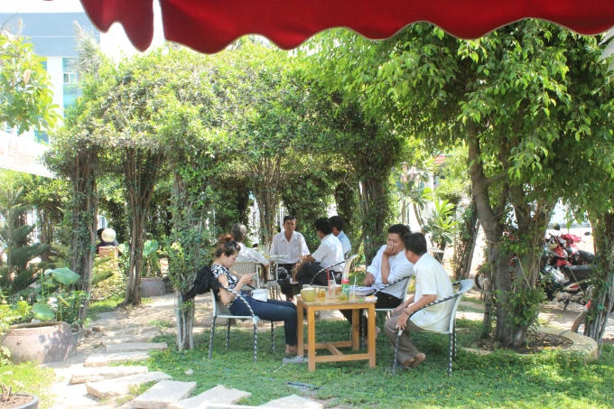 Quán cà phê được trồng nhiều cây xanh tạo không gian thoáng mát, để khách hàng có thể thảnh thơi thưởng thức đồ uống.