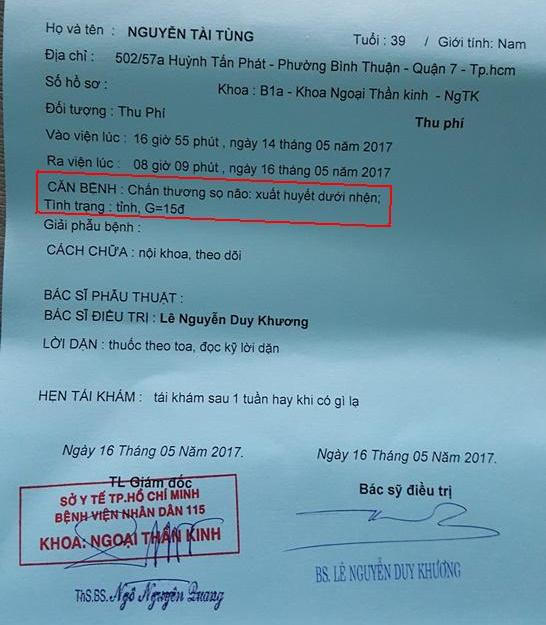Chẩn đoán của Bệnh viện 115, anh T. bị chấn thương sọ não.