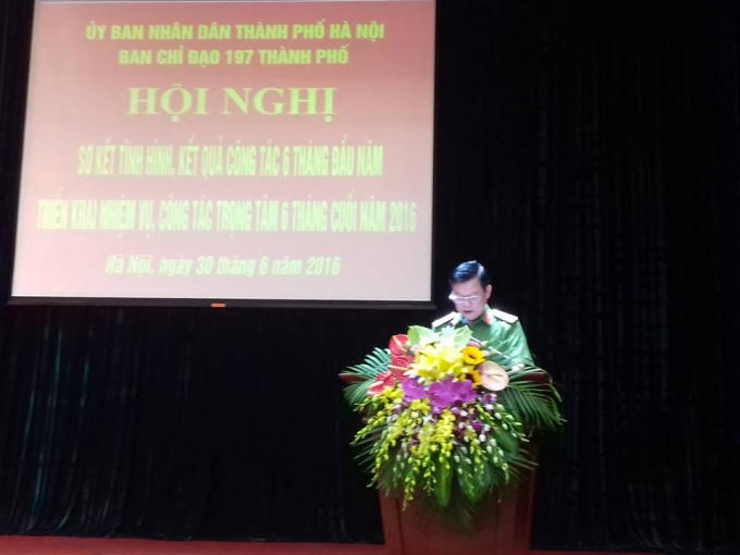 Đại tá Đào Thanh Hải - Phó giám đốc Công an TP Hà Nội phát biểu tại Hội nghị.