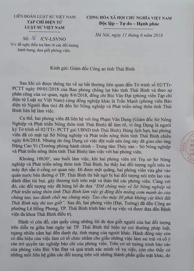 Tạp chí điện tử Luật sư Việt Nam đã có công văn gửi Giám đốc Công an tỉnh Thái Bình.