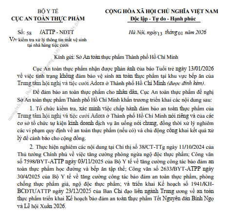 Một phần công văn của Cục An toàn thực phầm. (Ảnh chụp màn hình)