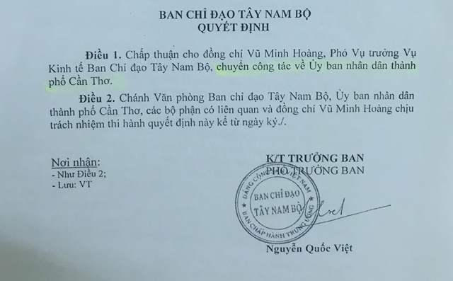 Ông Hoàng được chuyển công tác về UBND TP Cần Thơ từ ngày 26/2/2016