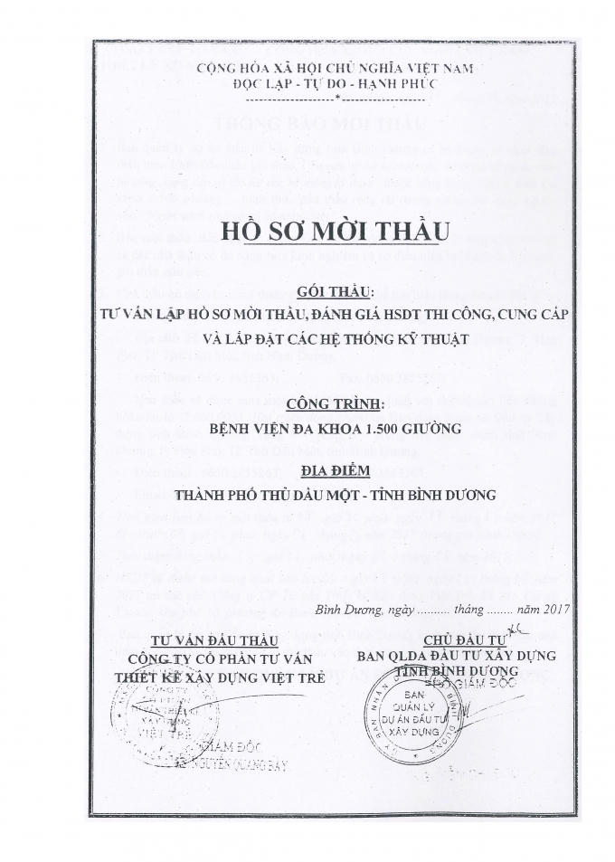 Hồ sơ mời thầu Dự án Bệnh viện 1.500 giường do Ban quản lý dự án đầu tư xây dựng tỉnh Bình Dương làm chủ đầu tư.