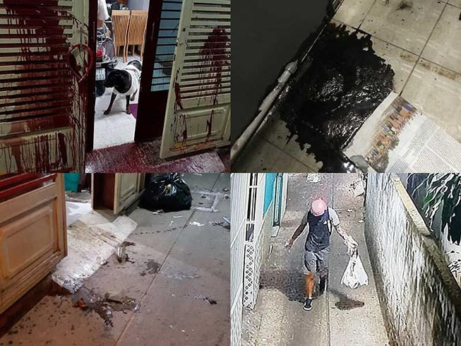 Những hình ảnh nhà chị Tr. liên tục bị tạt mắm tôm, dầu nhớt… trong suốt thời gian qua và hình ảnh camera ghi lại kẻ tình nghi. (Ảnh do gia đình cung cấp)