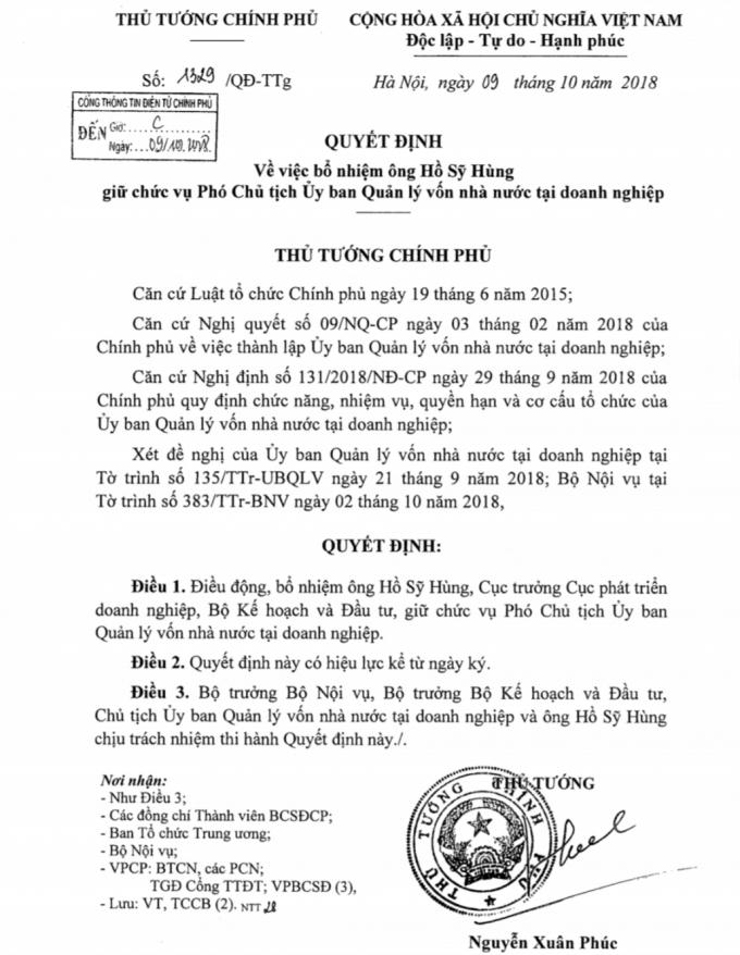 Quyết định của ông Hồ Sỹ Hùng.