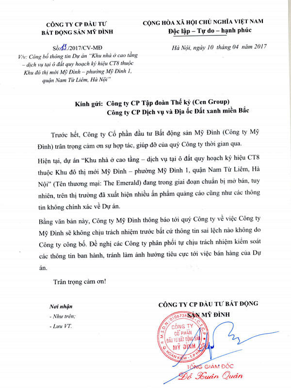 Chủ đầu tư The Emerald CT8 Mỹ Đình khẳng định dự án vẫn chưa mở bán