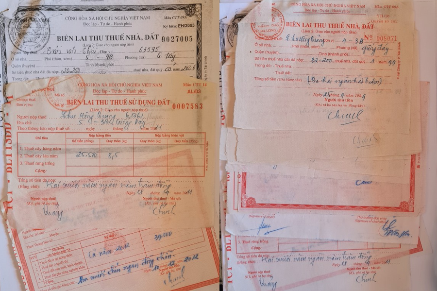 Biên lai thu thuế nhà, đất được các hộ dân hoàn thành đối với diện tích đất "treo" trong dự án.
