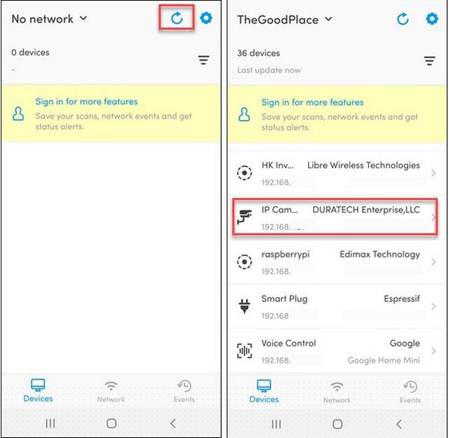 Thông tin về một camera đang có kết nối WiFi được liệt kê trên ứng dụng Fing