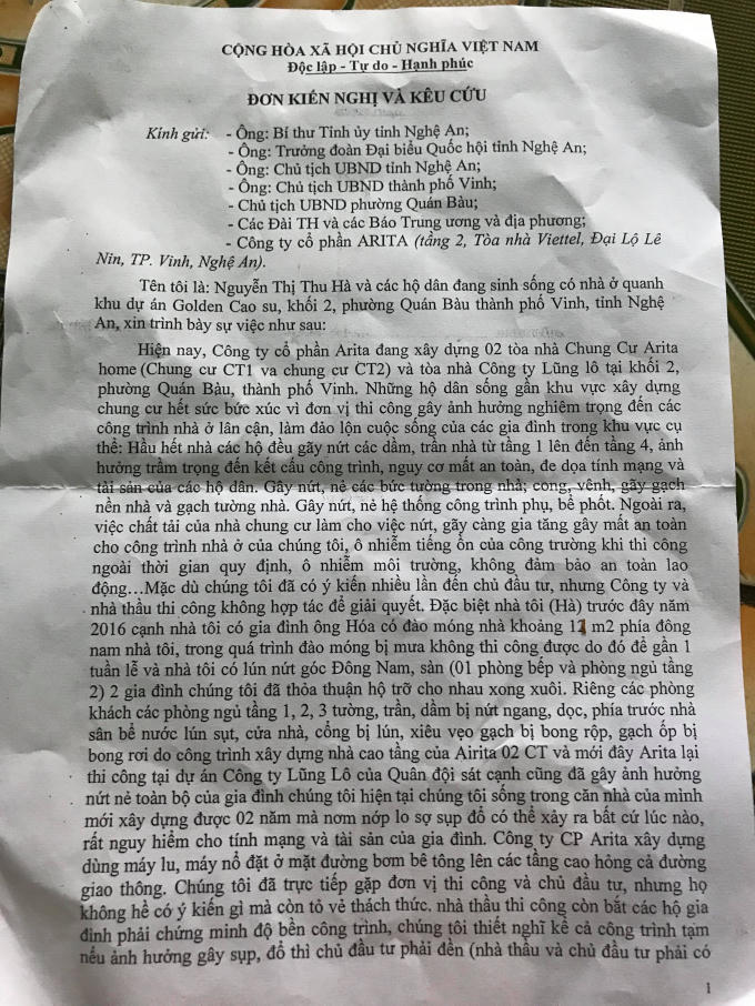Đơn kêu cứu các hộ dân gửi đến cơ quan chức năng.
