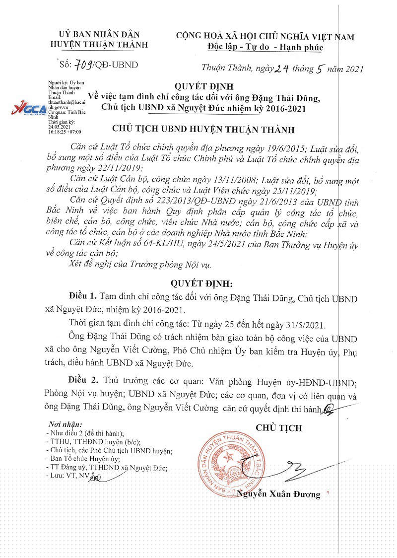 Quyết định tạm đình chỉ công tác đối với Chủ tịch xã Nguyệt Đức