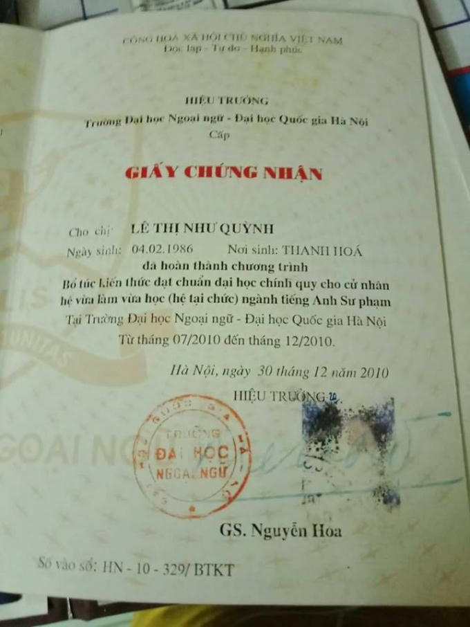 Chứng nhận "Bổ túc kiến thức đạt chuẩn Đại học Chính quy" do trường ĐH Ngoại Ngữ - ĐH Quốc gia Hà Nội cấp.