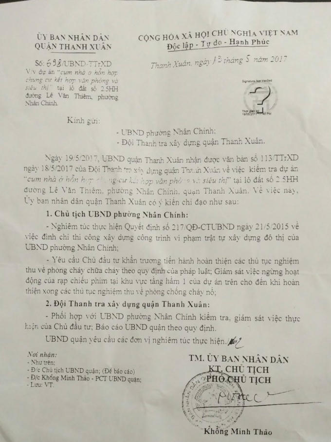 Văn bản do UBND quận Thanh Xuân ban hành.